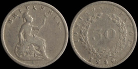 GREECE: 30 new Obols (1849.) in silver. Seated Britannia on obverse. Coin alignment & dot after date. (Hellas I.29). Very Good.