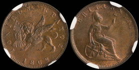 GREECE: 1 new Obol (1862.) in copper. The lion of St Mark and inscription "ΙΟΝΙΚΟΝ ΚΡΑΤΟΣ" on obverse. Dot after date. Coin alignment. Inside slab by ...