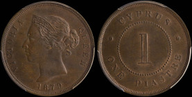 CYPRUS: 1 Piastre (1879) in bronze. Crowned head of Queen Victoria facing left on obverse. Thin "1" within circle on reverse. Inside slab by PCGS "MS ...