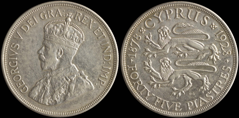 CYPRUS: 45 Piastres (1928) in silver (0,925) commemorating the 50th anniversary ...