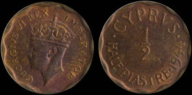 CYPRUS: 1/2 Piastre (1944) in bronze. Crowned head of King George VI facing left on obverse. Denomination and date on reverse. Inside slab by ANACS "M...