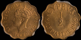 CYPRUS: 1/2 Piastre (1949) in bronze. Crowned head of King George VI facing left on obverse. Denomination and date on reverse. Inside slab by PCGS "MS...