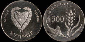CYPRUS: 500 Mils (ND 1981) in copper-nickel commemorating the World Food Day. Shielded coat of arms within wreath on obverse. Denomination divides swo...
