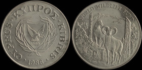CYPRUS: 1 Pound (1986) in copper-nickel commemorating the world Wildlife Fund. Shielded coat of arms within wreath on obverse. Cyprian wild sheep (Mou...