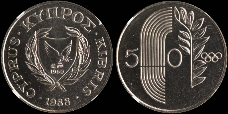 CYPRUS: 50 Cents (1988) in copper-nickel commemorating the Olympics. Shielded co...