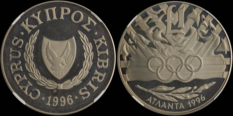 CYPRUS: 1 Pound (1996) in copper-nickel from 1996 Olympics series. Shielded coat...