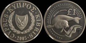 CYPRUS: 1 Pound (2005) in copper-nickel commemorating Cyprus Wildlife Series / Mediterranean Monk Seal. Shielded coat of arms within wreath on obverse...