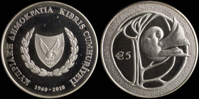CYPRUS: 5 Euro (2010) in silver (0,925) commemorating the 50th Anniversary of the Republic of Cyprus. National coat of arms. Bird in stylized tree on ...
