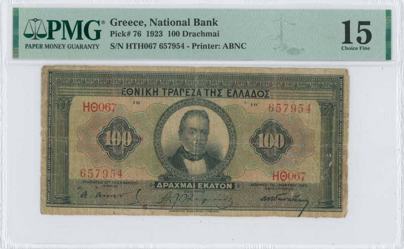 GREECE: 100 Drachmas (1.3.1923) in black on green and multicolor unpt. Portrait ...