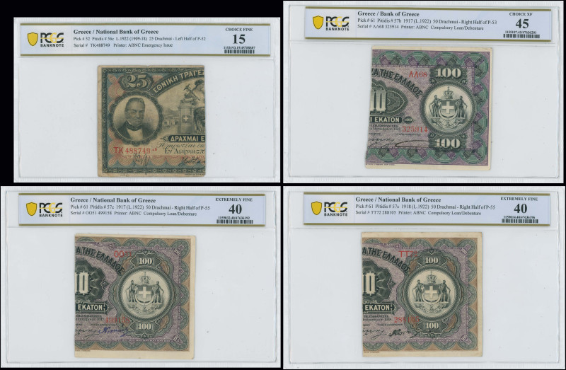 GREECE: Lot of 4 banknotes composed of left part of 25 Drachmas (bisected Hellas...