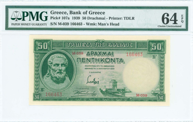 GREECE: 50 Drachmas (1.1.1939) in green. Hesiod at left and the White Tower of T...