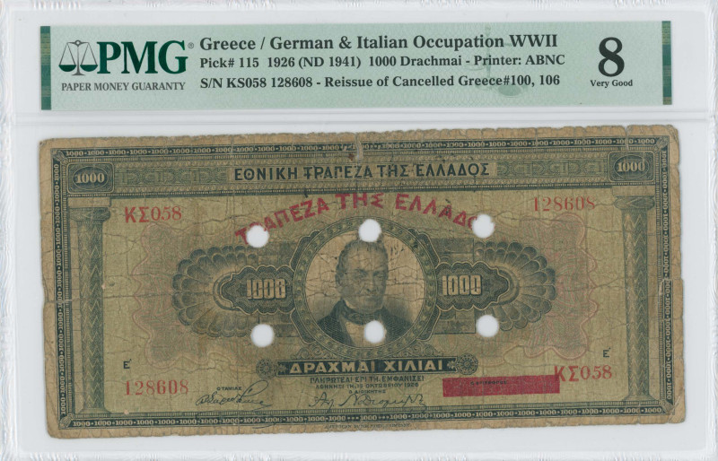 GREECE: 1000 Drachmas (15.10.1926) of 1941 Emergency re-issue. Cancelled banknot...