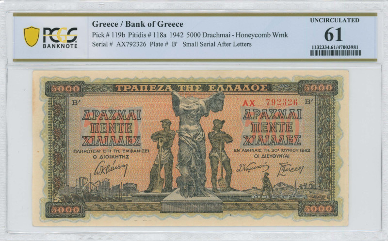 GREECE: 5000 Drachmas (20.6.1942) in black on orange, blue and green unpt. Statu...