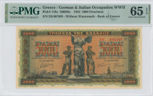 GREECE: 5000 Drachmas (20.6.1942) in black on orange, blue and green unpt. Statue of Nike of Samothrace at center between worker and peasant on face. ...