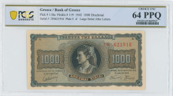 GREECE: Lot of 5x 1000 Drachmas (21.8.1942) in black on blue and orange unpt. Girl in traditional costume from Thasos at center on face. Consecutive S...