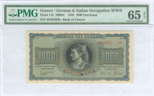 GREECE: 1000 Drachmas (21.8.1942) in black on blue and orange unpt. Girl in traditional costume from Thasos at center on face. S/N: "341676 ΣΡ" with s...