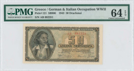 GREECE: 50 Drachmas (1.2.1943) in brown on blue and orange unpt. Girl in traditional costume at left on face. S/N: "AB 082351". Printed in Athens. Ins...