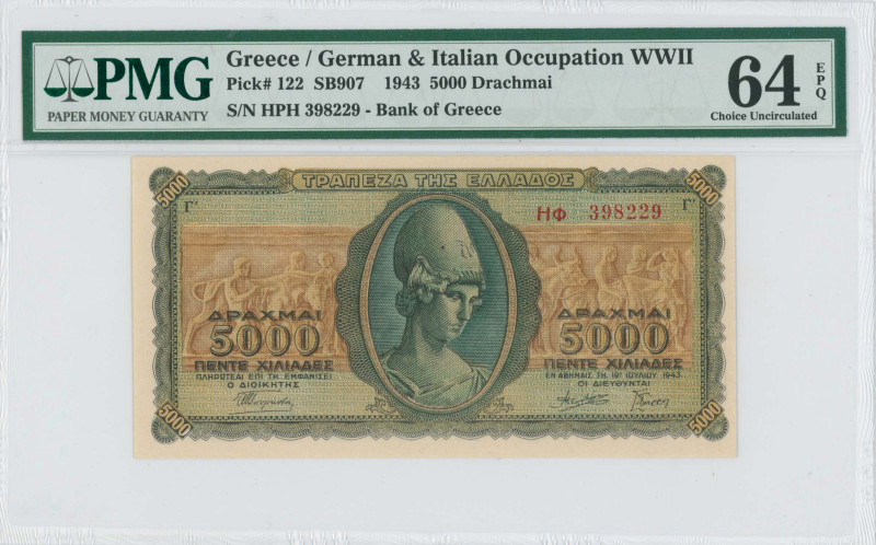 GREECE: 5000 Drachmas (19.7.1943) in green and brown. Goddess Athena at center o...