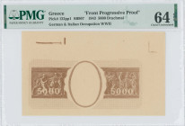 GREECE: Progressive proof of face of 5000 Drachmas (1943) in brown. Panathenea detail from Parthenon frieze at left and right on face. Uniface. Inside...