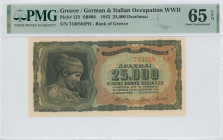 GREECE: 25000 Drachmas (12.8.1943) in black on brown, light blue and green unpt. Nymph Deidamia at left on face. S/N: "743058 ΙΦ" with suffix and numb...