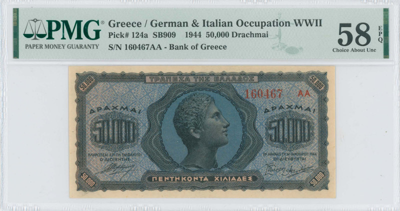 GREECE: 50000 Drachmas (14.1.1944) in blue and black on pale orange unpt. Head o...