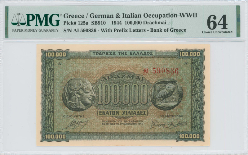 GREECE: 100000 Drachmas (21.1.1944) in black on brown, blue and green unpt. Anci...