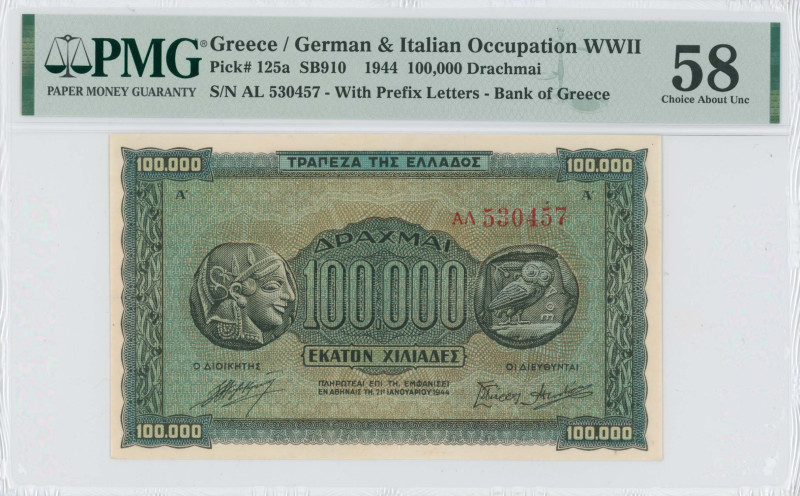 GREECE: 100000 Drachmas (21.1.1944) in black on brown, blue and green unpt. Anci...