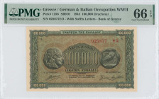 GREECE: 100000 Drachmas (21.1.1944) in black on brown, blue and green unpt. Ancient Athenian coin of 4 Drachmas at left and right on face. S/N: "02587...