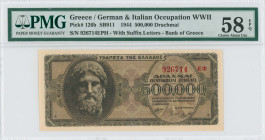 GREECE: 500000 Drachmas (20.3.1944) in black on brown unpt. God Zeus at left on face. S/N: "926714 ΕΦ" with suffix and number of 4,5mm height. Printed...