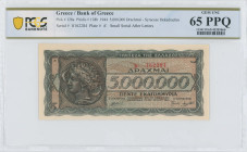 GREECE: 5 million Drachmas (20.7.1944) in black and dark blue on pale orange unpt. Arethusa on dekadrachm of Syracuse at left on face. S/N: "ΙI 162284...
