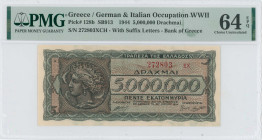 GREECE: 5 million Drachmas (20.7.1944) in black and dark blue on pale orange unpt. Arethusa on dekadrachm of Syracuse at left on face. S/N: "272803 ΞX...