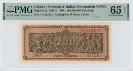 GREECE: 200 million Drachmas (9.9.1944) in brown on dark orange unpt. Panathenea detail from Parthenon frieze at center on face. S/N: "AO 823431" with...