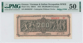 GREECE: 200 million Drachmas (9.9.1944) in brown on dark orange unpt. Panathenea detail from Parthenon frieze at center on face. S/N: "904502 ΞΠ" with...