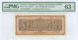 GREECE: 200 million Drachmas (9.9.1944) in brown on dark orange unpt. Panathenea detail from Parthenon frieze at center on face. S/N: "KΚ 305507" with...