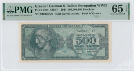 GREECE: 500 million Drachmas (1.10.1944) in dark blue on light blue unpt. Head of the statue of God Apollo in Olympia at right on face. S/N: "940976 Ξ...