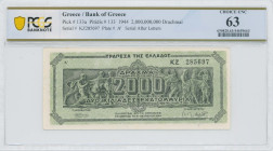 GREECE: 2 billion Drachmas (11.10.1944) in black on light green unpt. Panathenea detail from Parthenon frieze on face. S/N: "KZ 285697" with prefix. I...