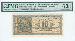 GREECE: 10 billion Drachmas (20.10.1944) in black and dark blue on light brown unpt. Arethusa on dekadrachm from Syracuses at left on face. S/N: "KZ 2...