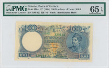 GREECE: 100 Drachmas (ND 1944) in deep blue on blue and gold unpt. Kanaris at right on face. S/N: "η.Ω-007 329184". WMK: Themistocles. Printed by (W&S...