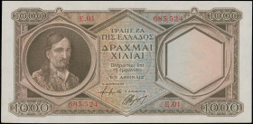 GREECE: 1000 Drachmas (ND 1944) in dark brown on blue and brown unpt. Theodoros Kolokotronis at left on face. Second type S/N: "Ε.01 685524". WMK: Gen...