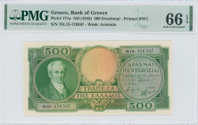 GREECE: 500 Drachmas (ND 1945) in green on light orange unpt. Portrait of Kapodistrias at left on face. Second type S/N: "Θ.15- 170367". WMK: Aristotl...