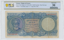 GREECE: 10000 Drachmas (ND 1946) in blue on multicolor unpt. Aristotle at left on face. S/N: "Γ.10 629665". WMK: God Apollo. Printed by (BWC). Inside ...