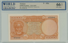 GREECE: 10000 Drachmas (29.12.1947) in orange on multicolor unpt. Aristotle at left on face. First type S/N: "ΓΩ 473392". WMK: God Apollo. Printed pro...