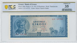 GREECE: 20 Drachmas (1.3.1955) in blue on light green and light orange. Demokritos at left on face. S/N: "E.01 647522". WMK: God Apollo. Printed by th...