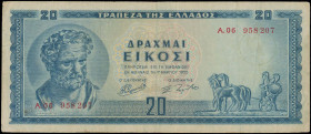 GREECE: 20 Drachmas (1.3.1955) in blue on light green and light orange. Demokritos at left on face. S/N: "A.06 958207". WMK: God Apollo. Printed by th...