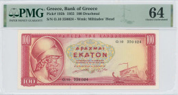GREECE: 100 Drachmas (1.7.1955) in red on yellow and green unpt. Themistocles at left on face. S/N: "O.10 350024". WMK: General Miltiades. Printed by ...