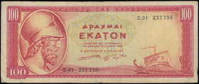 GREECE: 100 Drachmas (1.7.1955) in red on yellow and green unpt. Themistocles at left on face. S/N: "Ξ.01 237755". WMK: General Miltiades. Printed by ...