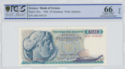 GREECE: 50 Drachmas (1.10.1964) in blue and purple on multicolor unpt. Arethusa at left on face. S/N: "16H 456120". WMK: Youth of Anticythera. Printed...