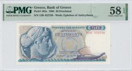 GREECE: 50 Drachmas (1.10.1964) in blue and purple on multicolor unpt. Arethusa at left on face. S/N: "13B 452736". WMK: Youth of Anticythera. Printed...