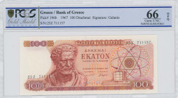 GREECE: 100 Drachmas (1.10.1967) in red and dark red on multicolor unpt. Demokritos at left on face. S/N: "25Z 711157". WMK: The youth of Anticythera....