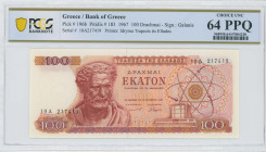 GREECE: 100 Drachmas (1.10.1967) in red and dark red on multicolor unpt. Demokritos at left on face. S/N: "10A 217419". WMK: The youth of Anticythera....